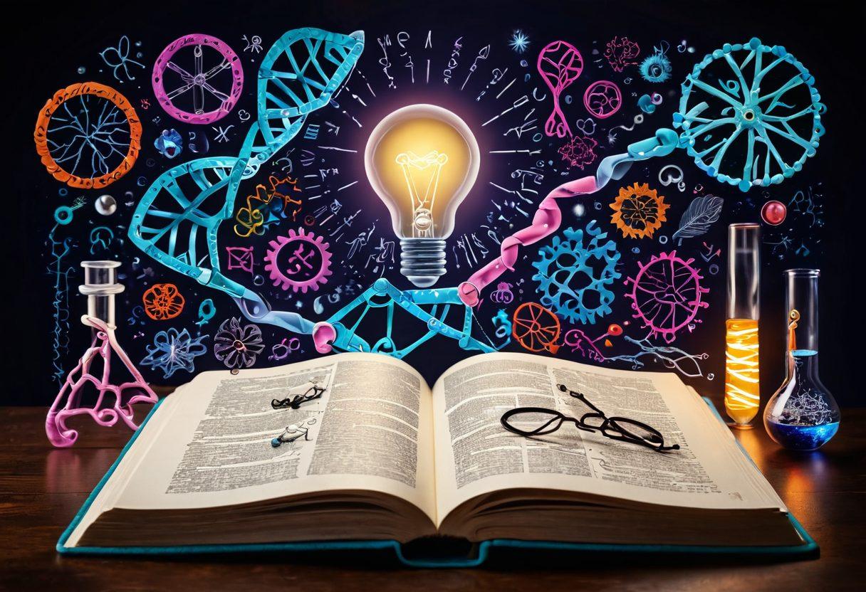 An open book representing knowledge, surrounded by symbols of cancer research like DNA strands and microscopes, with a light bulb above symbolizing empowerment and ideas. In the background, diverse patients and doctors collaborating, showing hope and resilience. The atmosphere should convey a sense of discovery and inspiration. vibrant colors. super-realistic.