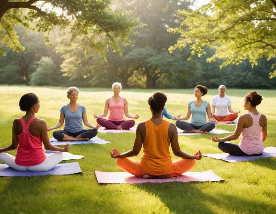 A serene and supportive scene depicting a diverse group of cancer survivors gathered in a bright, open space, engaging in a holistic wellness activity, such as yoga or meditation. Include symbols of oncology like ribbons and stethoscopes subtly integrated into the environment, and vibrant plants representing growth and healing around them. The atmosphere should convey hope, community, and empowerment in a warm color palette. super-realistic. vibrant colors. soft light.